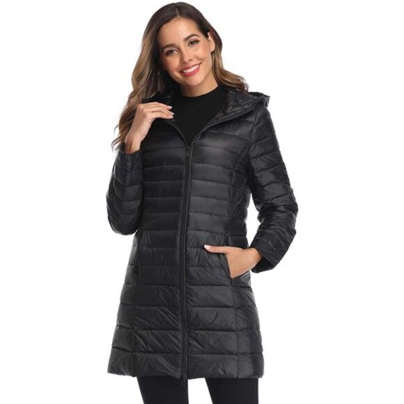 Women's Plus Size Packable Down Jacket: Ultralight Hooded Puffer Coat - Picture 1 of 8